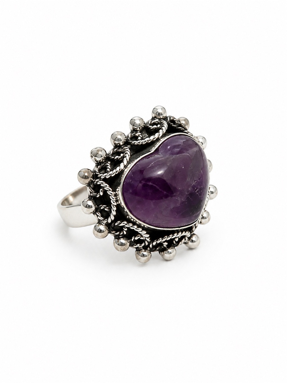 Sterling Silver Heart Amethyst Ring - Purple Gemstone